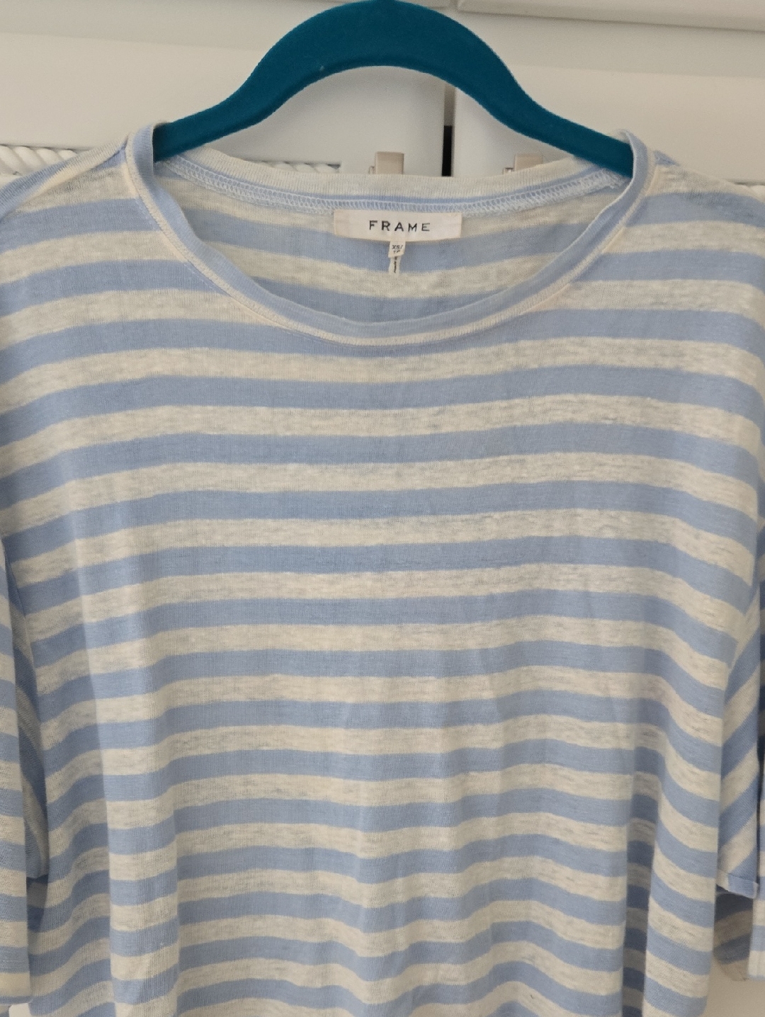Frame Denim Light Blue And White Striped Crewneck Top
